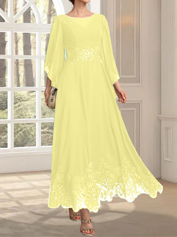 Vestido de gasa con encaje y lentejuelas para madre de la novia, corte A, escote ilusión, largo hasta los tobillos
