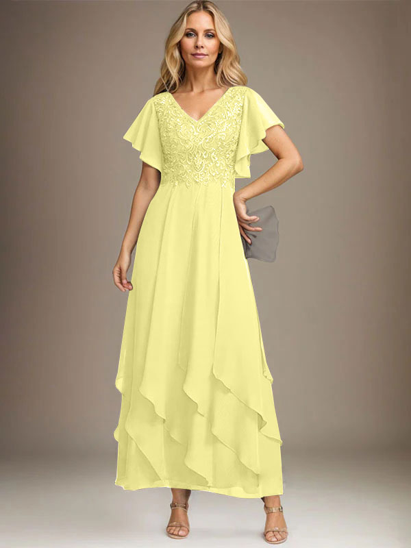 Vestido de gasa con encaje y escote en V hasta los tobillos para madre de la novia con volantes en cascada