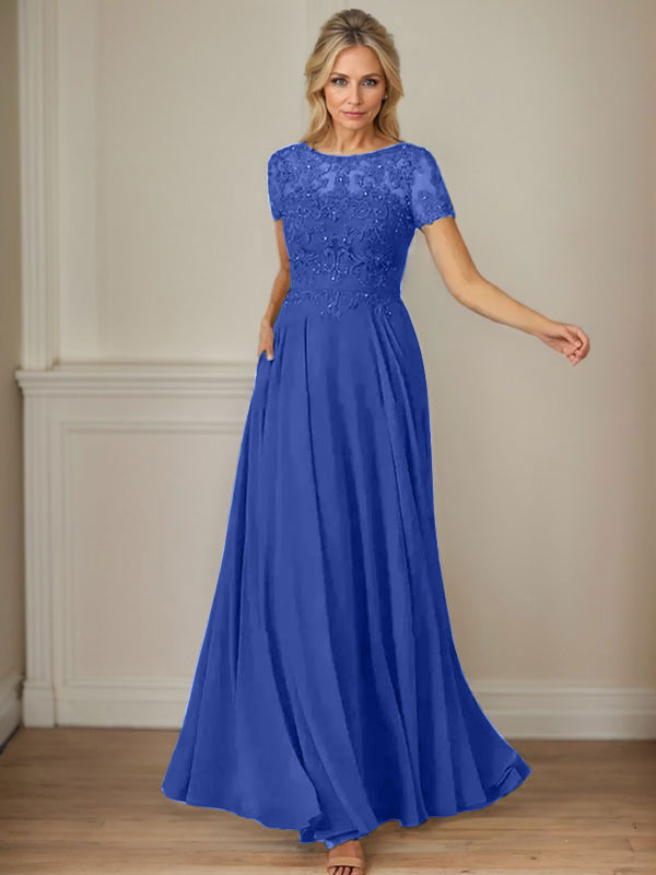 Vestido de gasa azul marino oscuro con escote barco, lentejuelas y corte en A