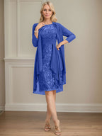 Vestido de madre de la novia de gasa con encaje, escote redondo, ilusión, largo hasta la rodilla, con volantes en cascada y lentejuelas