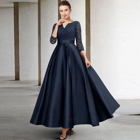 Dark Blue Mother of the Bride Dresses V-Neck A-Line Long Wedding Guest Gowns Satin Elegant Dress Women For Wedding Party-payinti
