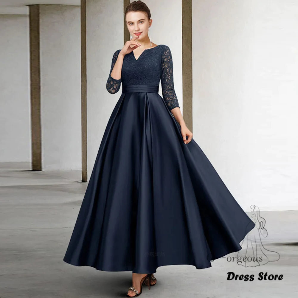 Dark Blue Mother of the Bride Dresses V-Neck A-Line Long Wedding Guest Gowns Satin Elegant Dress Women For Wedding Party-payinti