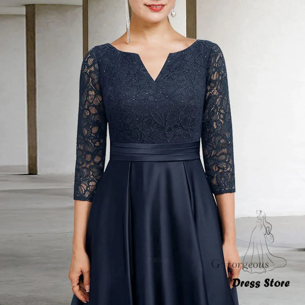 Dark Blue Mother of the Bride Dresses V-Neck A-Line Long Wedding Guest Gowns Satin Elegant Dress Women For Wedding Party-payinti