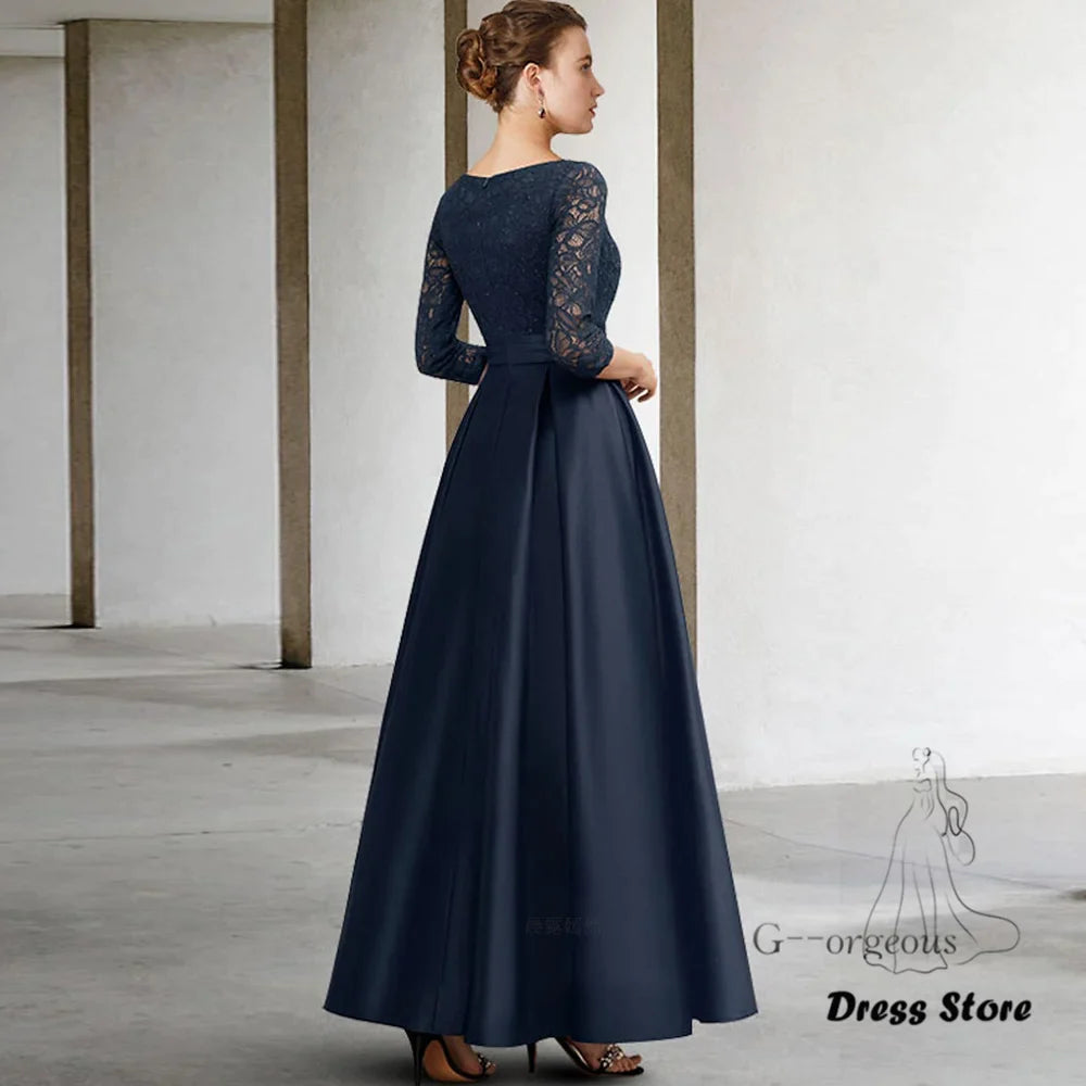 Dark Blue Mother of the Bride Dresses V-Neck A-Line Long Wedding Guest Gowns Satin Elegant Dress Women For Wedding Party-payinti