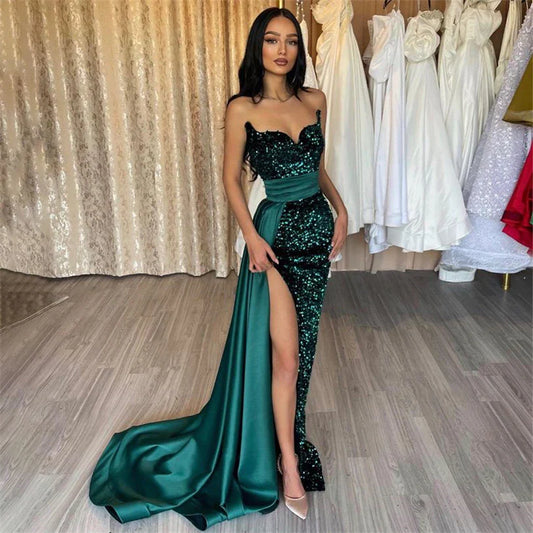 Dark Green Glittter Mermaid Evening Dresses For Wedding V-Neck Off Shoulder Sequins Prom Dress Sexy High Side Slit Party Gowns-payinti