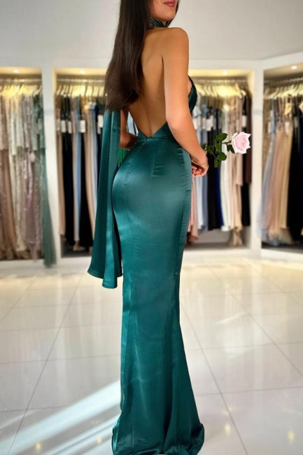 Vestido de fiesta de sirena con cuello alto verde oscuro