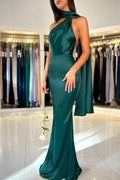 Vestido de fiesta de sirena con cuello alto verde oscuro