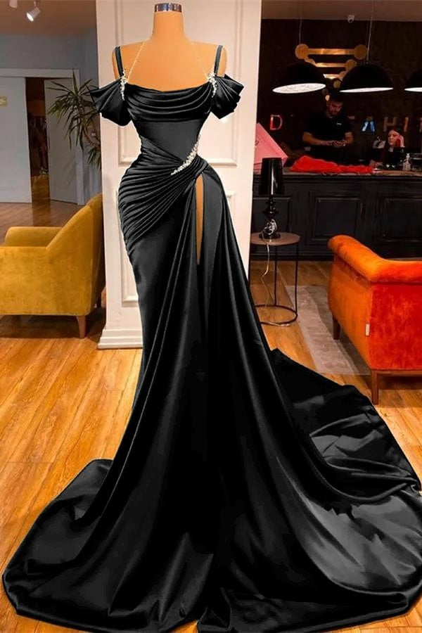 Vestido de fiesta largo verde oscuro de corte sirena con hombros descubiertos y abertura