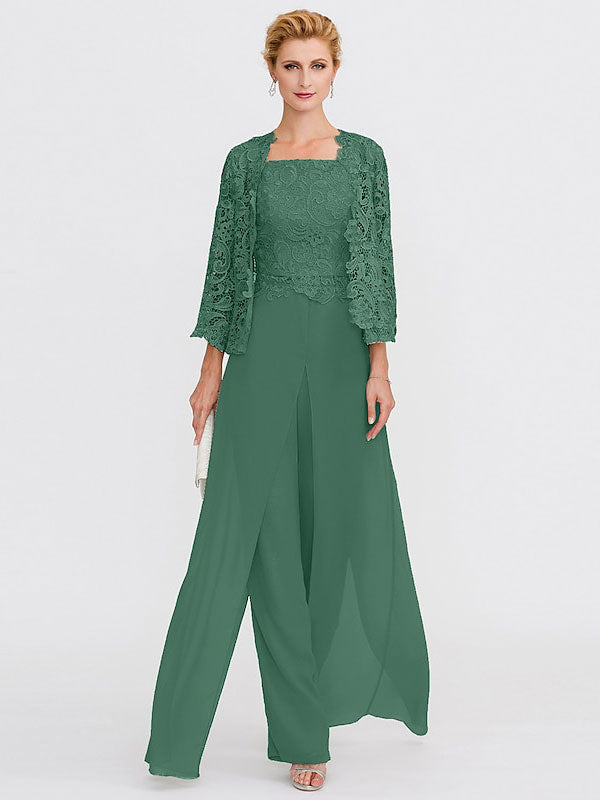3-teiliger Chiffon-Hosenanzug mit quadratischem Ausschnitt und Jacke für die Mutter der Braut 