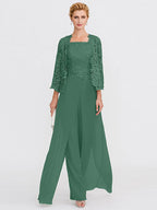 3-teiliger Chiffon-Hosenanzug mit quadratischem Ausschnitt und Jacke für die Mutter der Braut 