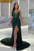 Vestido de fiesta largo de sirena con escote en V, tirantes finos, lentejuelas y abertura, color verde oscuro