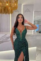 Vestido de fiesta largo de sirena con escote en V, tirantes finos, lentejuelas y abertura, color verde oscuro