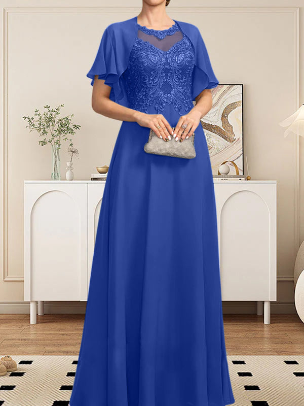 Vestido de gasa con encaje y lentejuelas para madre de la novia, corte A, escote ilusión, largo hasta el suelo