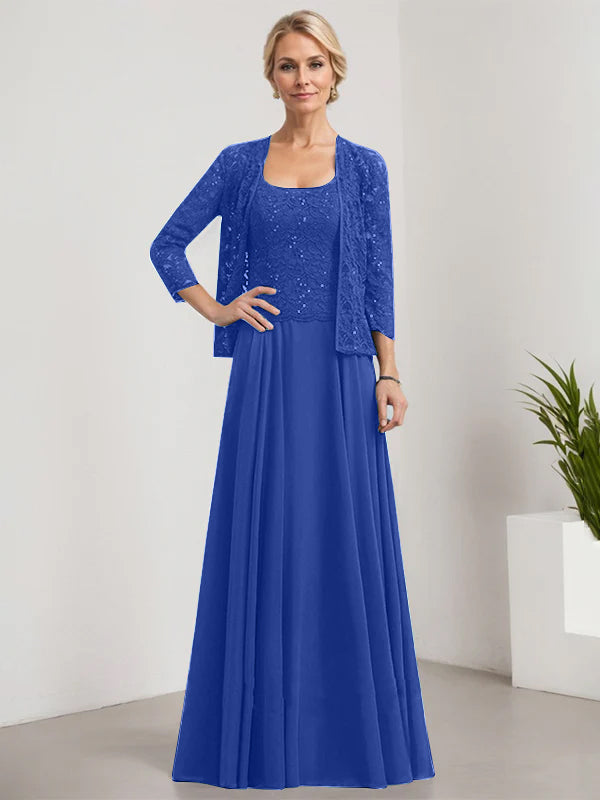 Vestido de madre de la novia de gasa con encaje, corte A, largo hasta el suelo, cuadrado y lentejuelas