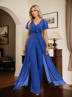 Vestido de noche de gasa con escote en V y largo hasta el suelo, tipo mono/pantalón