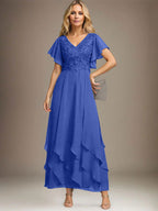 Vestido de gasa con encaje y escote en V hasta los tobillos para madre de la novia con volantes en cascada
