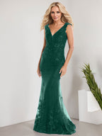 Vestido de novia de gasa con encaje, escote en V y largo hasta el suelo, con apliques de lentejuelas, estilo sirena