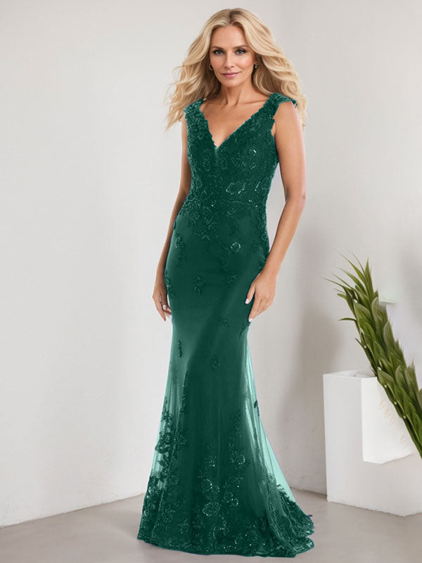 Vestido de novia de gasa con encaje, escote en V y largo hasta el suelo, con apliques de lentejuelas, estilo sirena