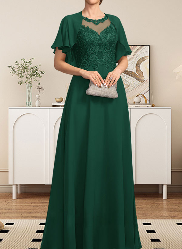 Vestido de gasa con encaje y lentejuelas para madre de la novia, corte A, escote ilusión, largo hasta el suelo