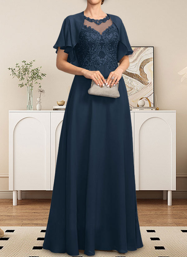 Vestido de gasa con encaje y lentejuelas para madre de la novia, corte A, escote ilusión, largo hasta el suelo