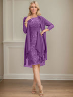 Vestido de madre de la novia de gasa con encaje, escote redondo, ilusión, largo hasta la rodilla, con volantes en cascada y lentejuelas