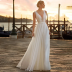Deep V Neck Chiffon Beach Wedding Dress Elegant Illusion Back Lace Bridal Gowns White Evening Gowns Vestidos De Novia-payinti