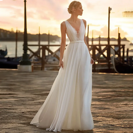 Deep V Neck Chiffon Beach Wedding Dress Elegant Illusion Back Lace Bridal Gowns White Evening Gowns Vestidos De Novia-payinti