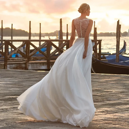 Deep V Neck Chiffon Beach Wedding Dress Elegant Illusion Back Lace Bridal Gowns White Evening Gowns Vestidos De Novia-payinti