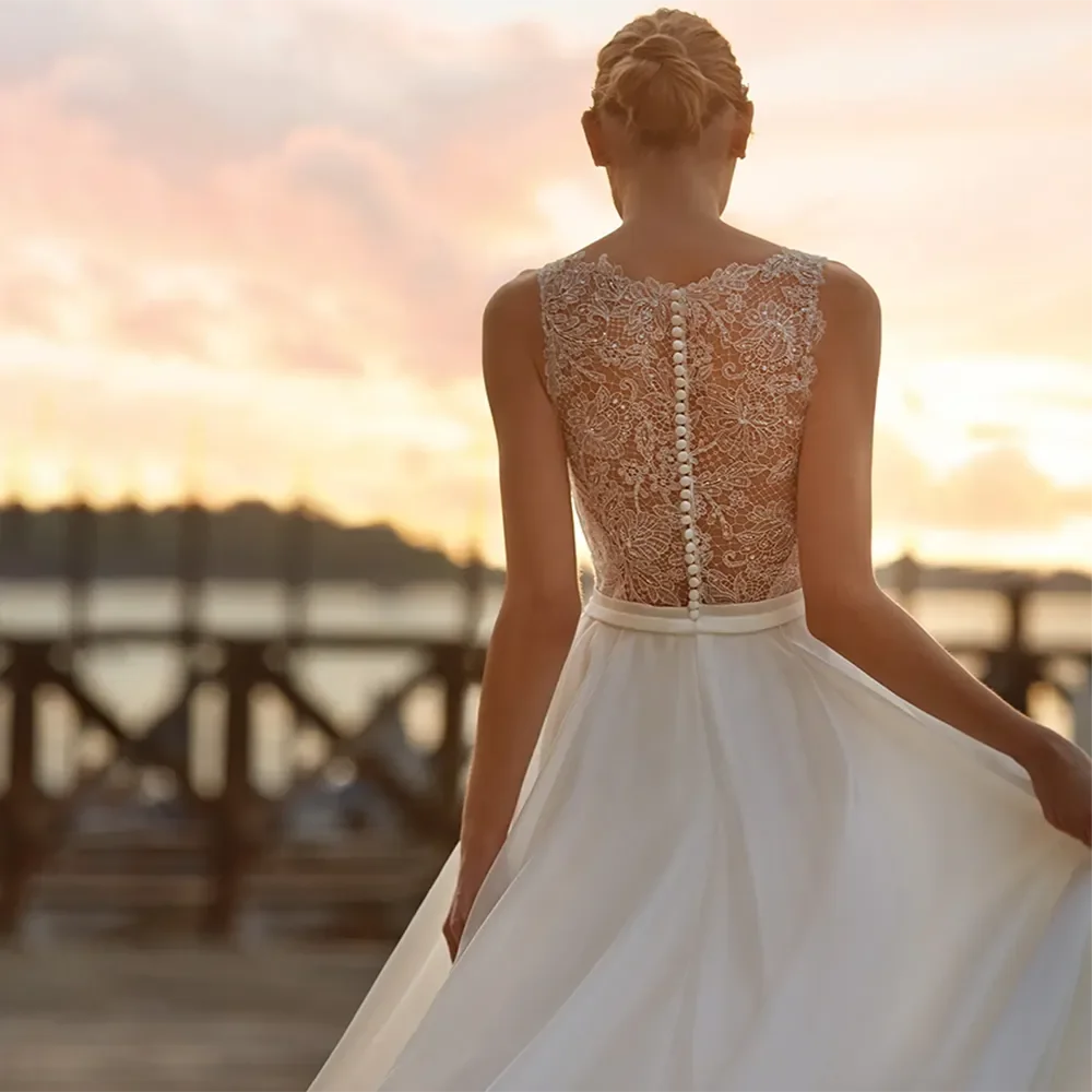 Deep V Neck Chiffon Beach Wedding Dress Elegant Illusion Back Lace Bridal Gowns White Evening Gowns Vestidos De Novia-payinti