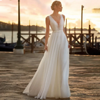 Deep V Neck Chiffon Beach Wedding Dress Elegant Illusion Back Lace Bridal Gowns White Evening Gowns Vestidos De Novia-payinti