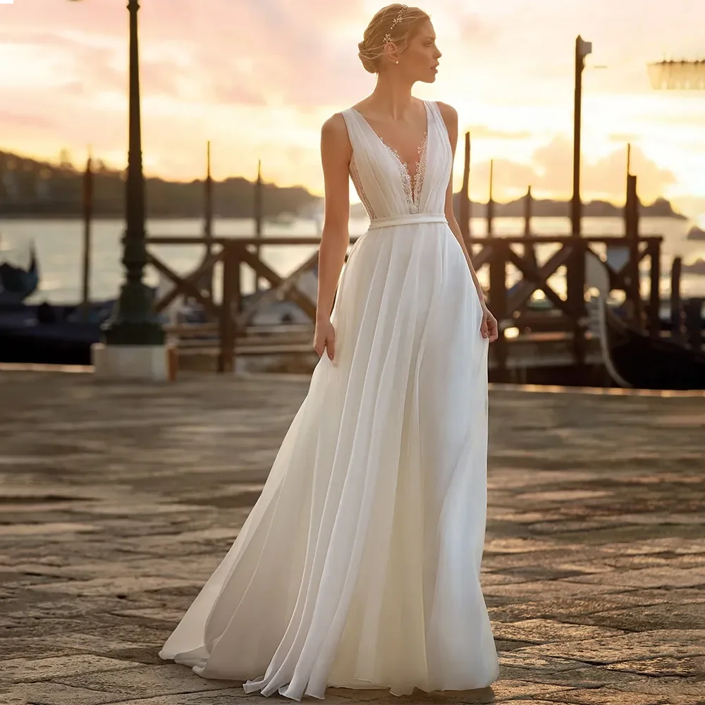 Deep V Neck Chiffon Beach Wedding Dress Elegant Illusion Back Lace Bridal Gowns White Evening Gowns Vestidos De Novia-payinti