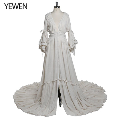 Deep V Neck Long Sleeves Maternity Dresses for Photo Shoot with Front Buttons and Adjustable Waist Sunnderly SY211202