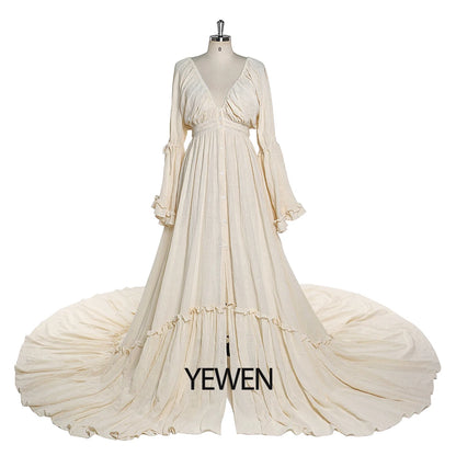 Deep V Neck Long Sleeves Maternity Dresses for Photo Shoot with Front Buttons and Adjustable Waist Sunnderly SY211202