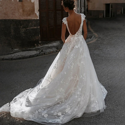 Deep V-neck Wedding Dresses Sexy Open Back Vestidos De Novia Cap Sleeve Appliques Vestido De Noiva-payinti