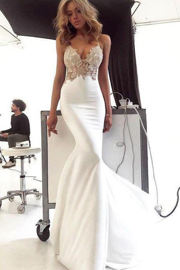 Vestido de novia sirena con escote en V profundo, tirantes finos y espalda descubierta WD586