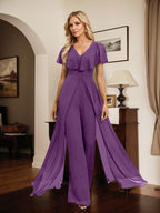 Vestido de noche de gasa con escote en V y largo hasta el suelo, tipo mono/pantalón