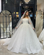 Vestido de novia de lujo de corte A con encaje, mangas largas y volantes, largo hasta el suelo
