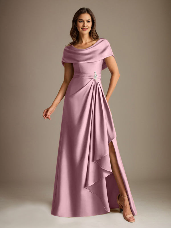 Vestido de madre de la novia de satén elástico, corte A, largo hasta el suelo, con escote redondo y volantes en cascada
