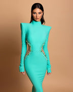 Vestido de fiesta de satén con cuentas, cuello alto y manga larga de diseñador
