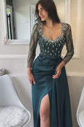 Vestidos de fiesta de diseñador con escote redondo, manga larga, satén, tul y diamantes de imitación.