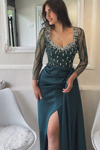 Vestidos de fiesta de diseñador con escote redondo, manga larga, satén, tul y diamantes de imitación.