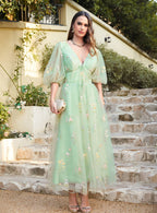 Vestidos de fiesta de diseño con flores, escote en V, corte A y mangas hasta los tobillos