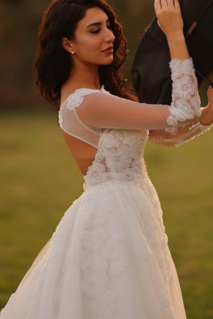 Vestidos de novia de diseñador de encaje blanco, corte A, escote en V y mangas largas