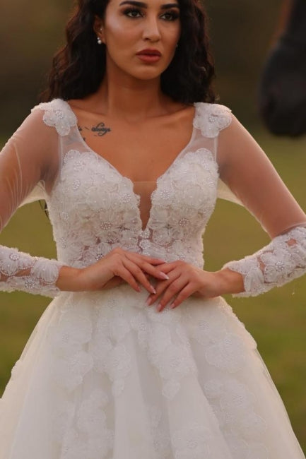 Vestidos de novia de diseñador de encaje blanco, corte A, escote en V y mangas largas