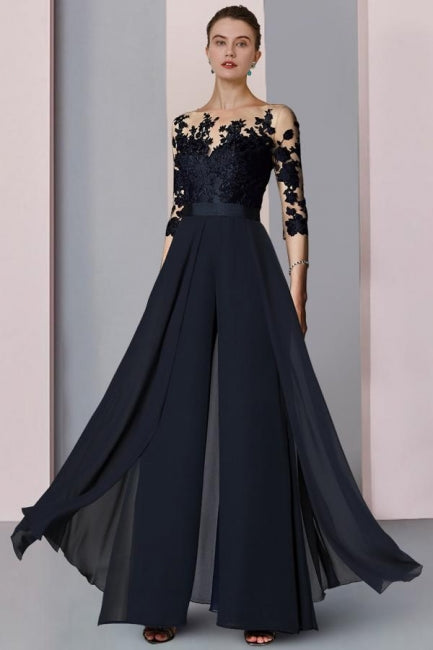 Designer Lange Chiffon Festliche Hosenanzüge Spitzenärmel Kleider für die Brautmutter mit abnehmbarer Schleppe