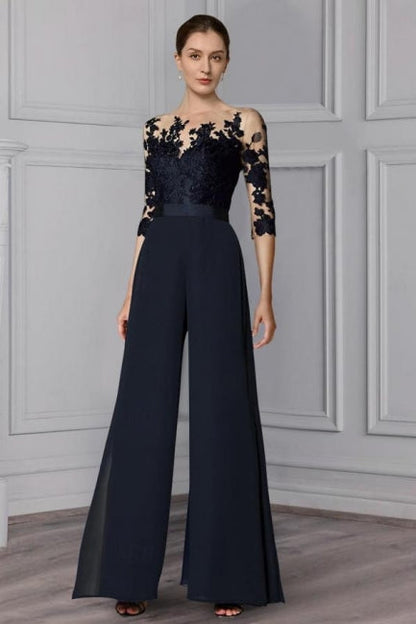 Designer Lange Chiffon Festliche Hosenanzüge Spitzenärmel Kleider für die Brautmutter mit abnehmbarer Schleppe
