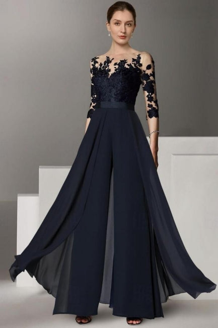 Designer Lange Chiffon Festliche Hosenanzüge Spitzenärmel Kleider für die Brautmutter mit abnehmbarer Schleppe