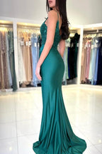 Vestido de fiesta largo de sirena verde oscuro sin mangas con encaje y abertura de diseñador