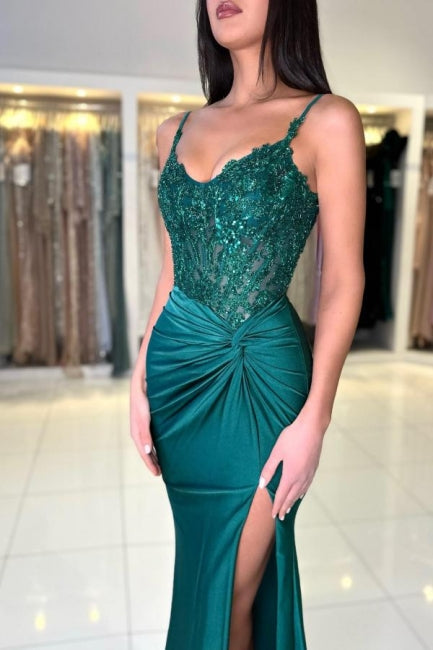 Vestido de fiesta largo de sirena verde oscuro sin mangas con encaje y abertura de diseñador