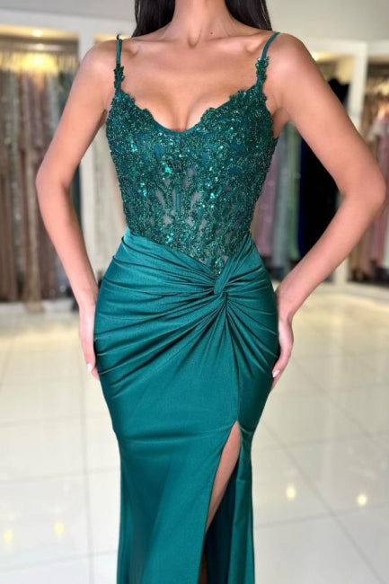Vestido de fiesta largo de sirena verde oscuro sin mangas con encaje y abertura de diseñador